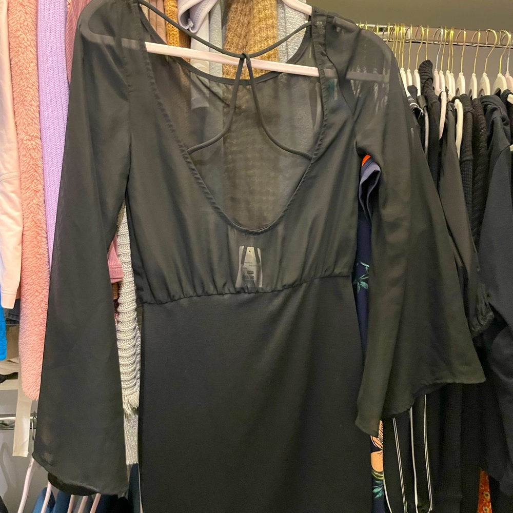 Short dress, long sheer sleeves